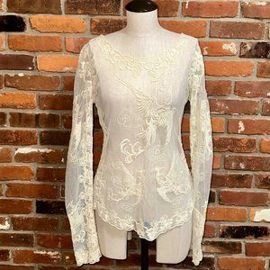 Buffalo Cream Sheer Embroidered Long Sleeve Top Size Small